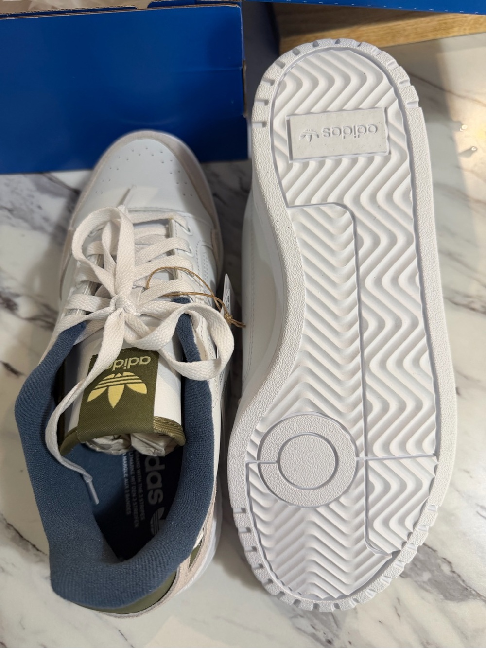 Adidas White Low-Top Sneakers with Navy Collar and Olive Tongue